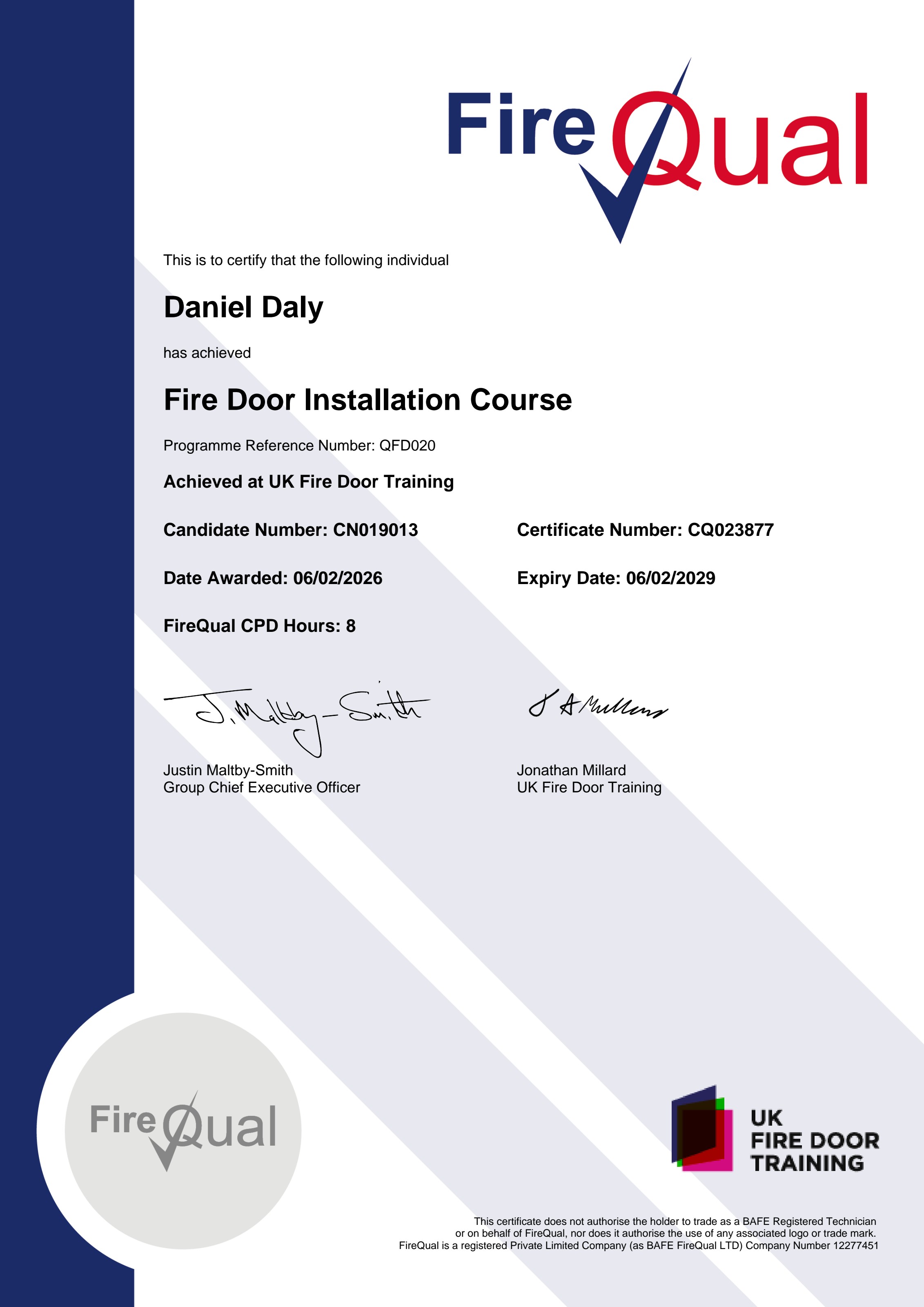 Fire Door Installation Course certificate (QFD020) awarded to Daniel Daly by UK Fire Door Training, 06/02/2026